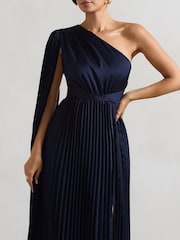 Club L London Blue My Vision Plisse Asymmetric Split Maxi Dress With Cape Sleeve - Image 4 of 5