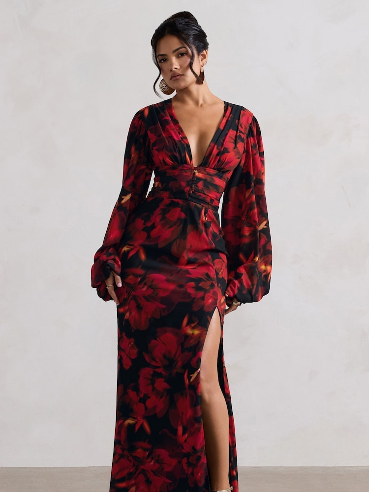 Club L London Black Casarile V-Neck Balloon Sleeve Maxi Dress - Image 1 of 5