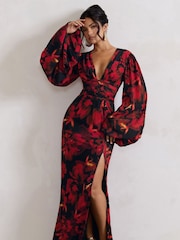Club L London Black Casarile V-Neck Balloon Sleeve Maxi Dress - Image 3 of 5