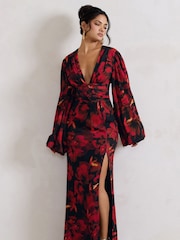 Club L London Black Casarile V-Neck Balloon Sleeve Maxi Dress - Image 4 of 5