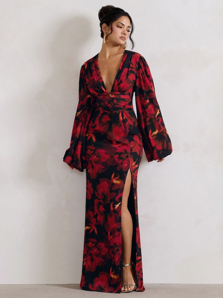 Buy Club L London Black Casarile V-Neck Balloon Sleeve Maxi Dress 