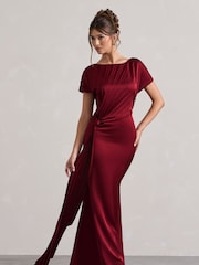 Club L London Red Ambrosia Satin Pleated Maxi Dress With Drape - Image 1 of 5