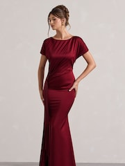 Club L London Red Ambrosia Satin Pleated Maxi Dress With Drape - Image 2 of 5