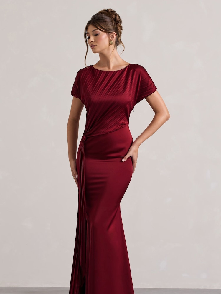 Club L London Red Ambrosia Satin Pleated Maxi Dress With Drape - Image 2 of 5