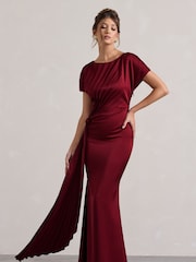 Club L London Red Ambrosia Satin Pleated Maxi Dress With Drape - Image 3 of 5