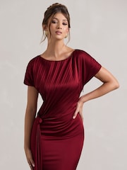 Club L London Red Ambrosia Satin Pleated Maxi Dress With Drape - Image 4 of 5