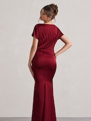 Club L London Red Ambrosia Satin Pleated Maxi Dress With Drape - Image 5 of 5