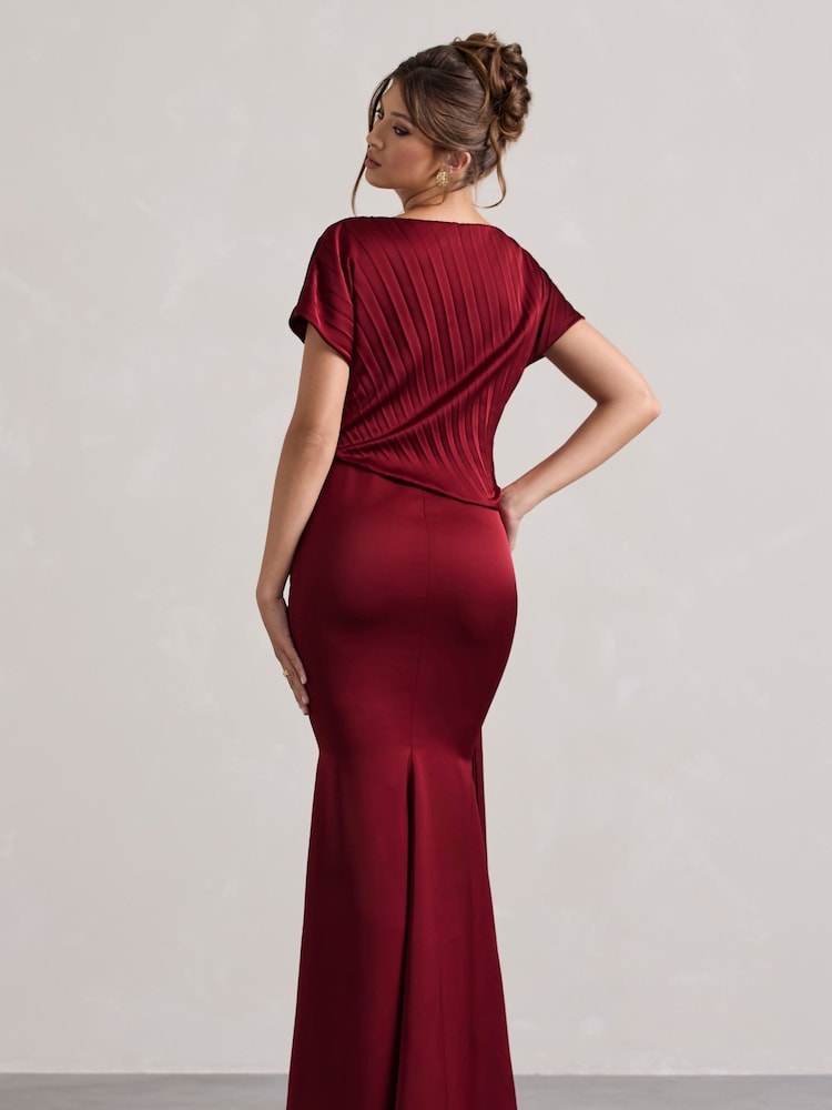 Club L London Red Ambrosia Satin Pleated Maxi Dress With Drape - Image 5 of 5