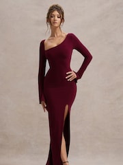 Club L London Red Cosmos Asymmetric Long-Sleeve Split Maxi Dress - Image 3 of 5