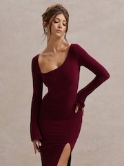 Club L London Red Cosmos Asymmetric Long-Sleeve Split Maxi Dress - Image 5 of 5