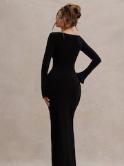 Club L London Black Cosmos Asymmetric Long-Sleeve Split Maxi Dress - Image 2 of 5