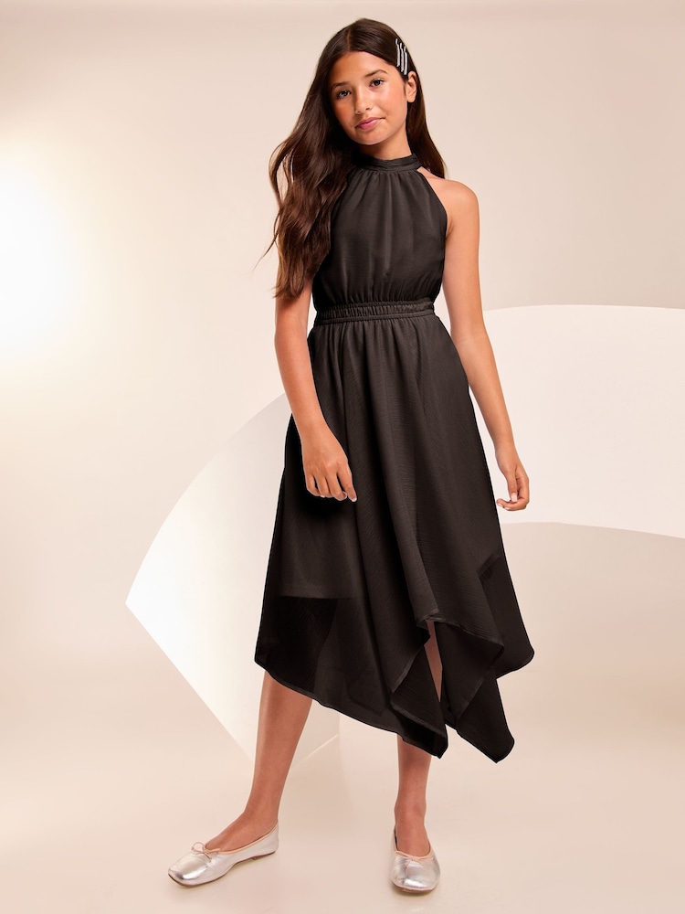Lipsy Black Hanky Hem Halter Occasion Dress (7-16yrs) - Image 2 of 4