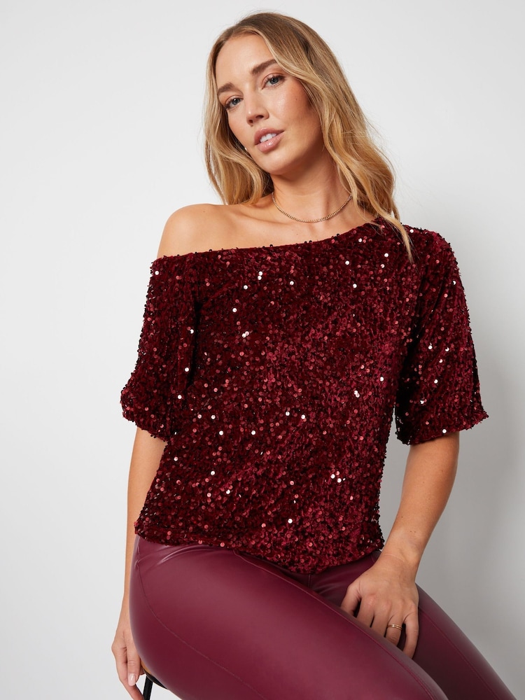 Threadbare Red Sequin Velour Drop Shoulder Top - Image 2 of 6