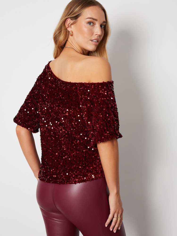 Threadbare Red Sequin Velour Drop Shoulder Top - Image 3 of 6