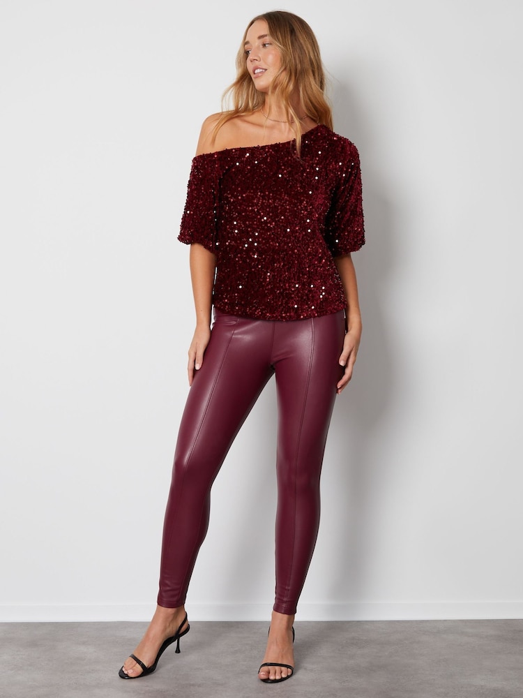 Threadbare Red Sequin Velour Drop Shoulder Top - Image 4 of 6