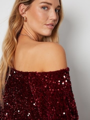 Threadbare Red Sequin Velour Drop Shoulder Top - Image 5 of 6