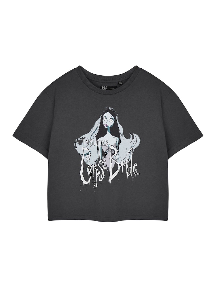 Vanilla Underground Grey Womens 100% Cotton Corpse Bride Licensed Halloween Crop Top - Image 1 of 7
