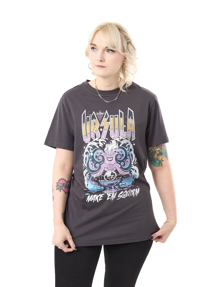 Vanilla Underground Grey Womens Disney The Little Mermaid Ursula Licensed Halloween 100% Cotton T-Shirt - Image 1 of 8 Vanilla Underground Grey Womens Disney The Little Mermaid Ursula Licensed Halloween 100% Cotton T-Shirt - Image 1 of 8