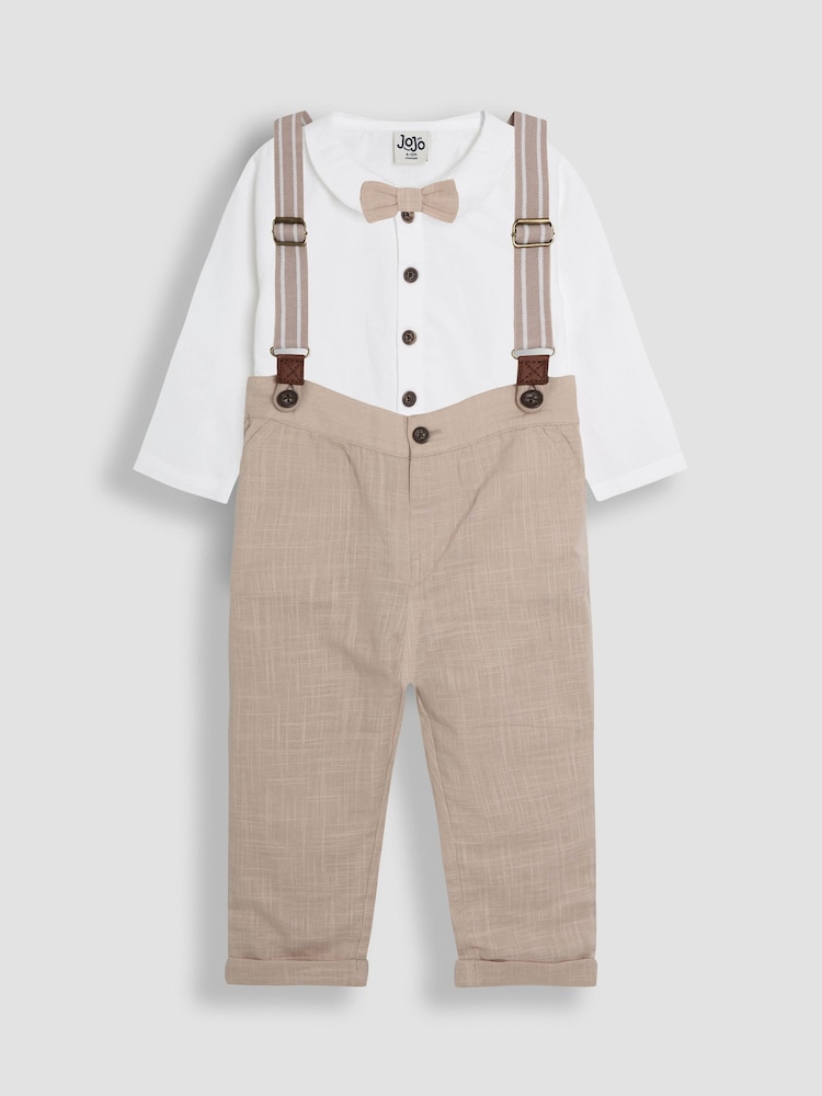 JoJo Maman Bébé Stone 4-Piece Shirt & Trouser Set With Bow Tie & Braces - Image 1 of 8