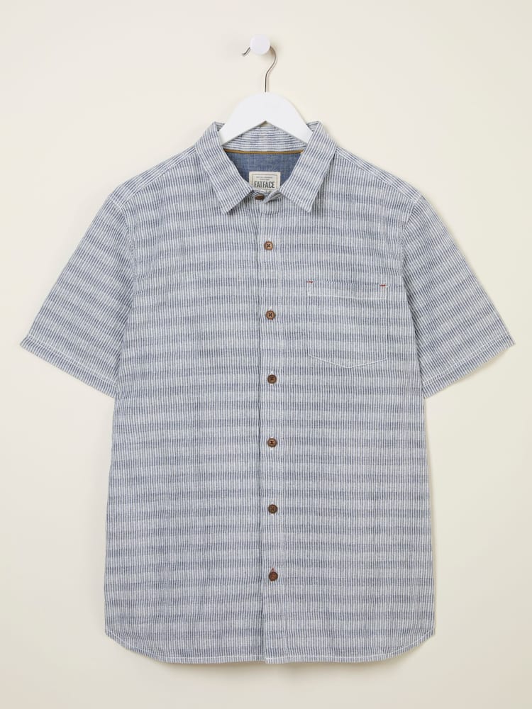 FatFace Blue Short Sleeve Semi Plain Textured Shirt - Image 5 of 5