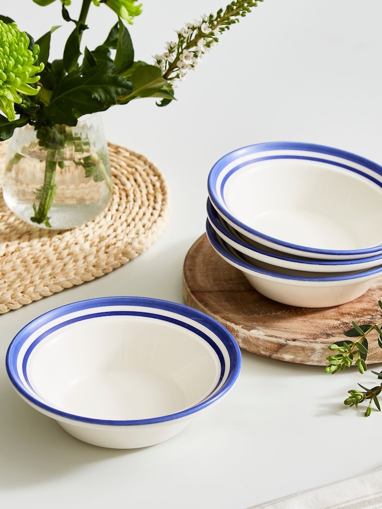 Portmeirion Blue White Potter's Stripe Set of 4 Oatmeal Bowls - Image 1 of 12