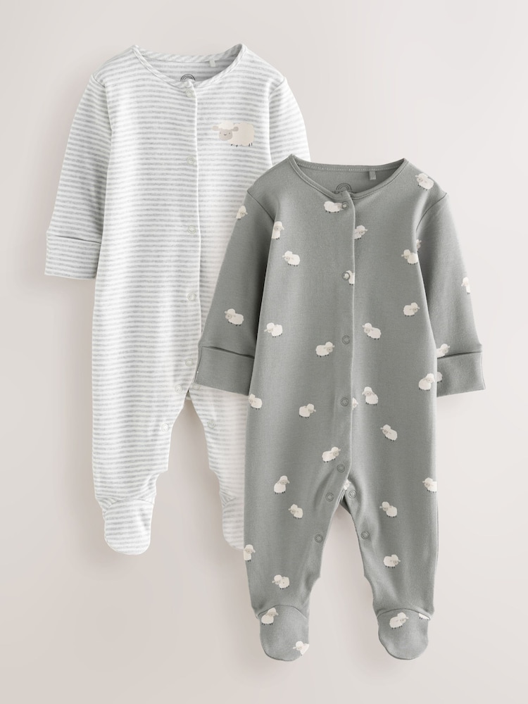 Grey/White 100% Cotton Sheep Sleepsuits 2 Pack - Image 1 of 1