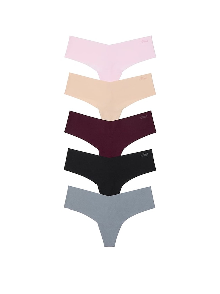 Victoria's Secret PINK Grey/Black/Purple/Pink/Marzipan Thong 5 Pack Knickers - Image 1 of 3 Victoria's Secret PINK Grey/Black/Purple/Pink/Marzipan Thong 5 Pack Knickers - Image 1 of 3