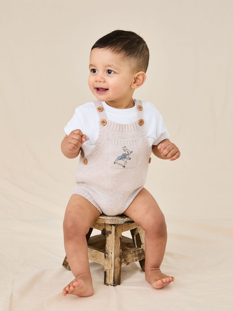 JoJo Maman Bébé Natural Peter Rabbit™  Knitted Dungarees - Image 1 of 6
