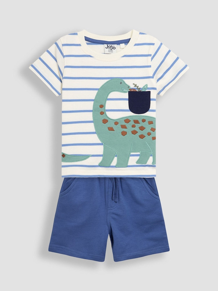 JoJo Maman Bébé Blue Dinosaur 2-Piece Appliqué T-Shirt & Short Set - Image 1 of 7
