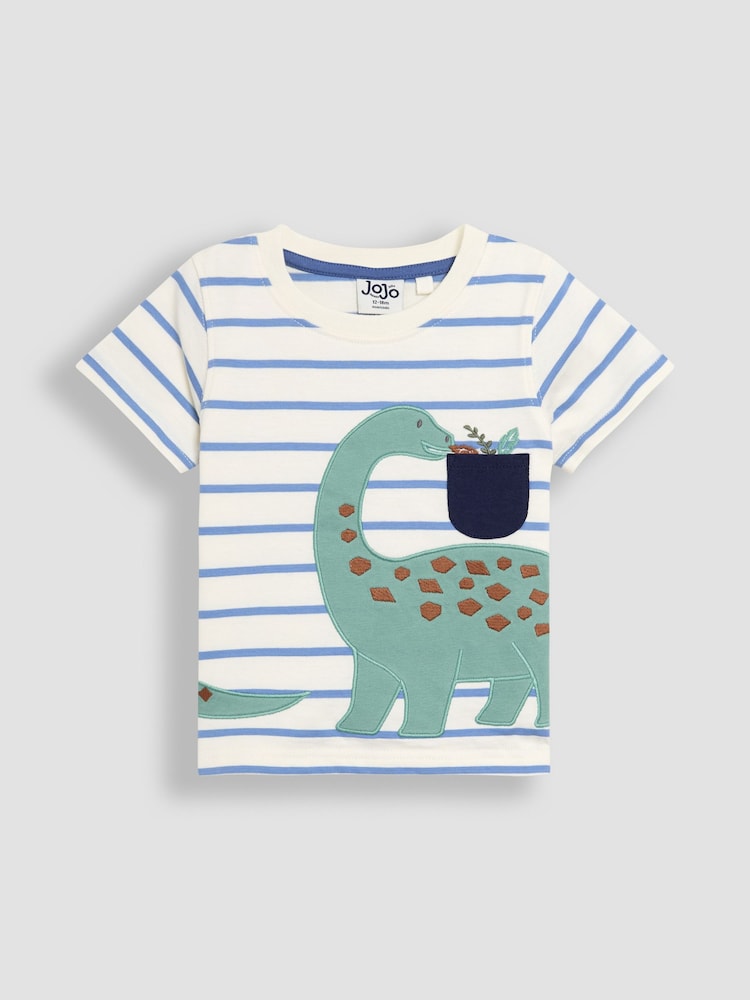 JoJo Maman Bébé Blue Dinosaur 2-Piece Appliqué T-Shirt & Short Set - Image 2 of 7