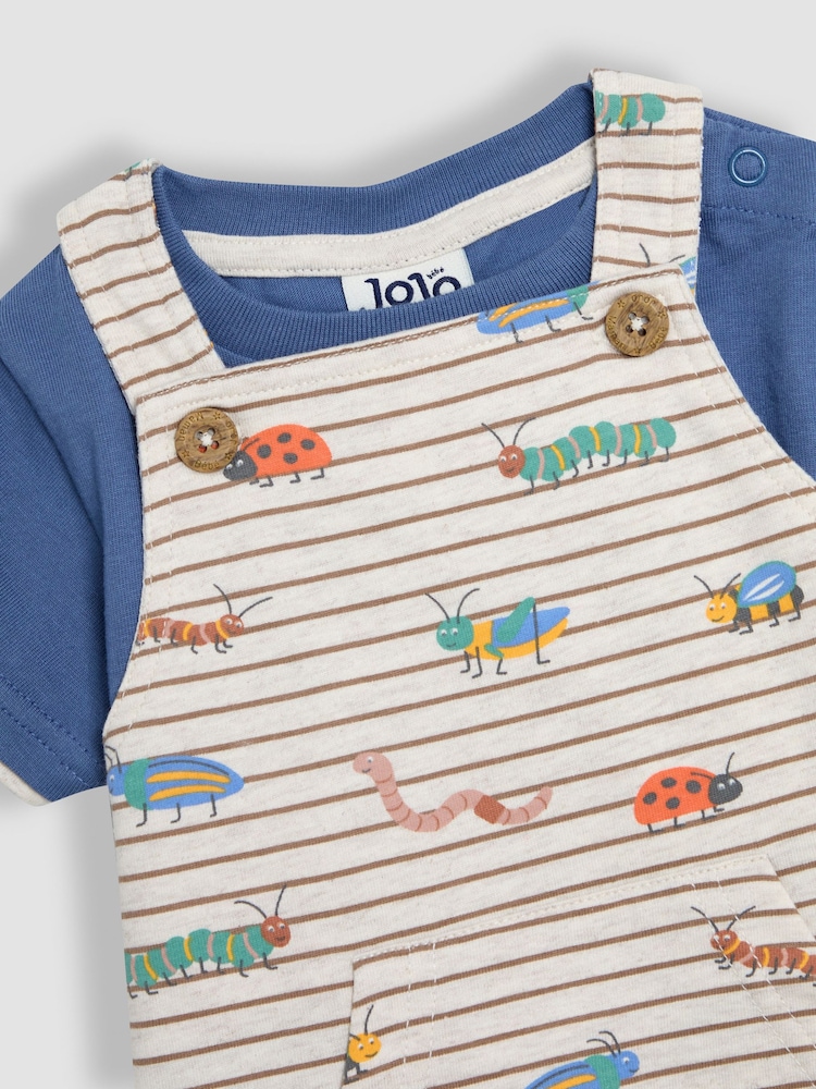 JoJo Maman Bébé Natural Bug Print Dungarees & T-Shirts Set 2 Piece - Image 6 of 6