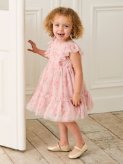 JoJo Maman Bébé Pink Floral Floral Ruffle Shoulder Tiered Tulle Dress - Image 1 of 10