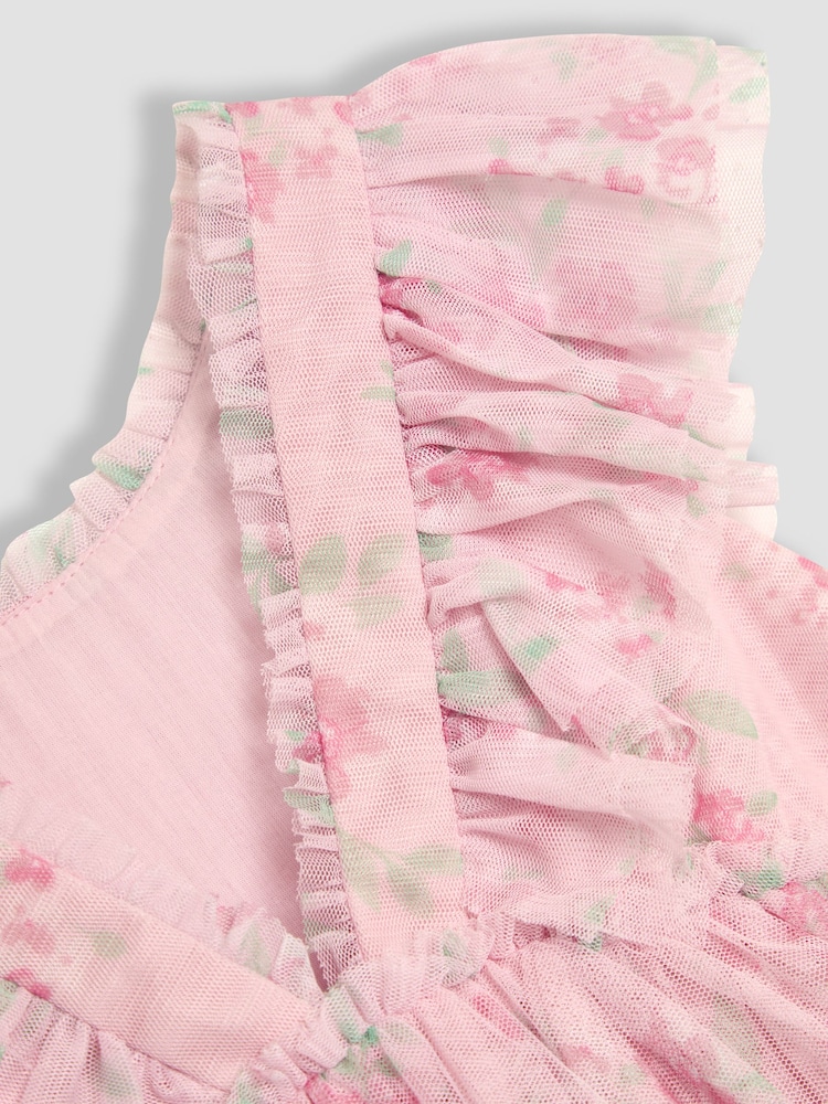 JoJo Maman Bébé Pink Floral Floral Ruffle Shoulder Tiered Tulle Dress - Image 10 of 10 JoJo Maman Bébé Pink Floral Floral Ruffle Shoulder Tiered Tulle Dress - Image 10 of 10