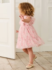 JoJo Maman Bébé Pink Floral Floral Ruffle Shoulder Tiered Tulle Dress - Image 2 of 10