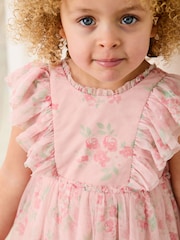 JoJo Maman Bébé Pink Floral Floral Ruffle Shoulder Tiered Tulle Dress - Image 4 of 10