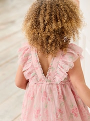 JoJo Maman Bébé Pink Floral Floral Ruffle Shoulder Tiered Tulle Dress - Image 6 of 10