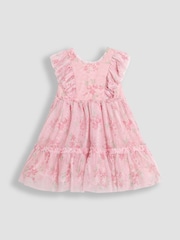 JoJo Maman Bébé Pink Floral Floral Ruffle Shoulder Tiered Tulle Dress - Image 7 of 10