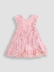 JoJo Maman Bébé Pink Floral Floral Ruffle Shoulder Tiered Tulle Dress - Image 8 of 10