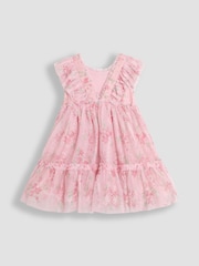 JoJo Maman Bébé Pink Floral Floral Ruffle Shoulder Tiered Tulle Dress - Image 9 of 10