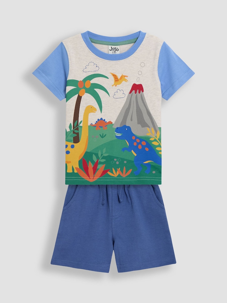 JoJo Maman Bébé Blue Dino Scene Appliqué T-Shirt & Shorts Set 2 Piece - Image 1 of 6