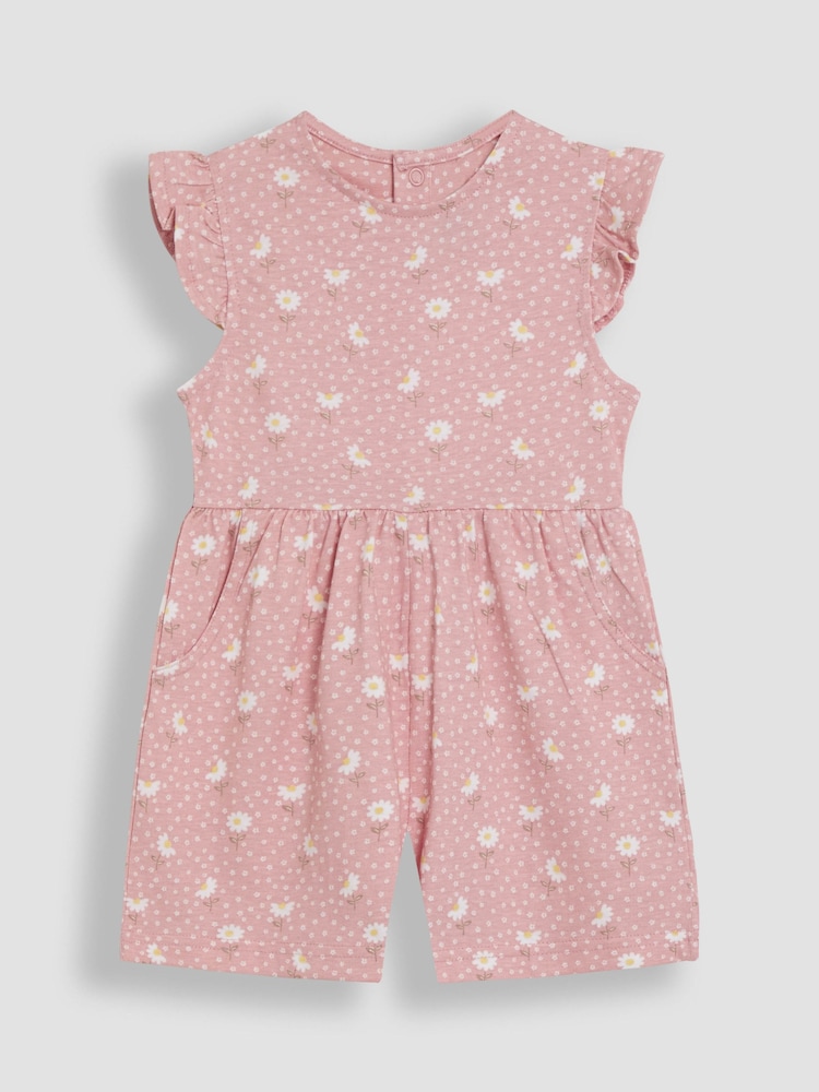 Pink Daisy Floral - JoJo Maman Bébé Ruffle Shoulder 100% Cotton Playsuit - صورة 1 من 3