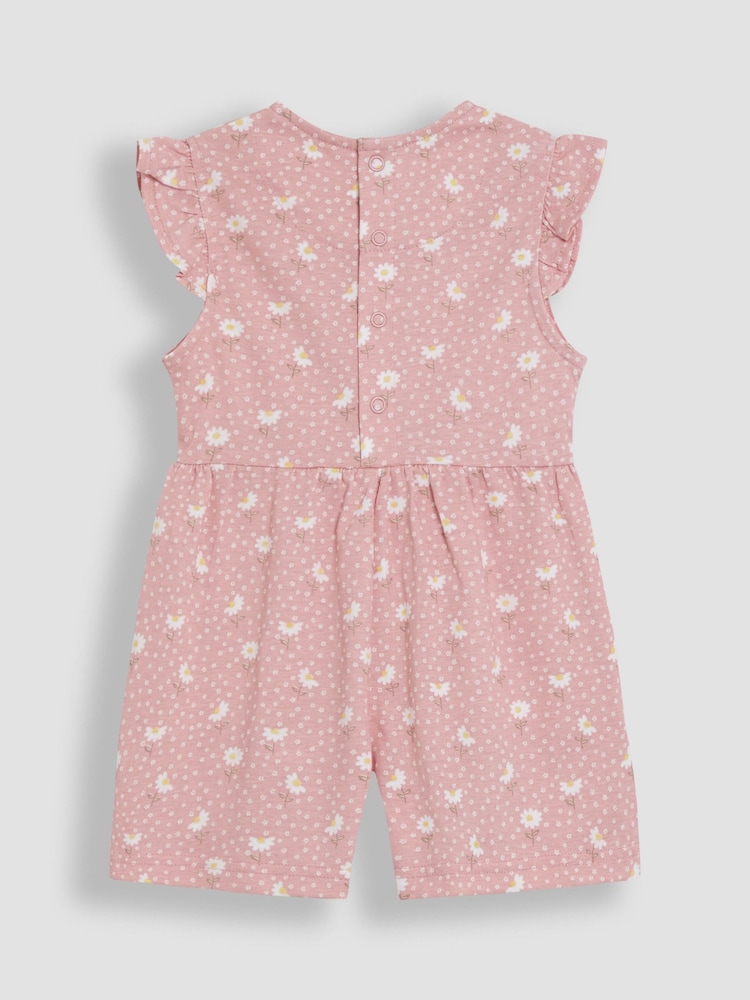 Pink Daisy Floral - JoJo Maman Bébé Ruffle Shoulder 100% Cotton Playsuit - صورة 2 من 3