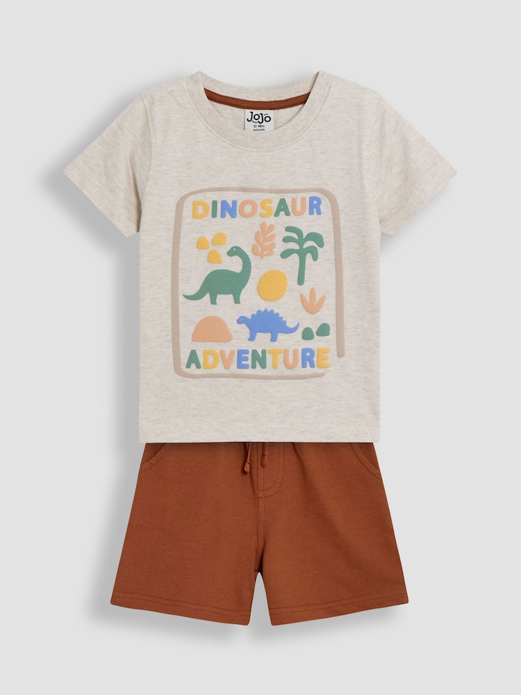 JoJo Maman Bébé Natural 2-Piece Dinosaur Puff Print T-Shirt & Short Set - Image 1 of 6
