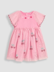 JoJo Maman Bébé Pink Cherry Angel Sleeve Appliqué Tulle Party Dress - Image 1 of 3