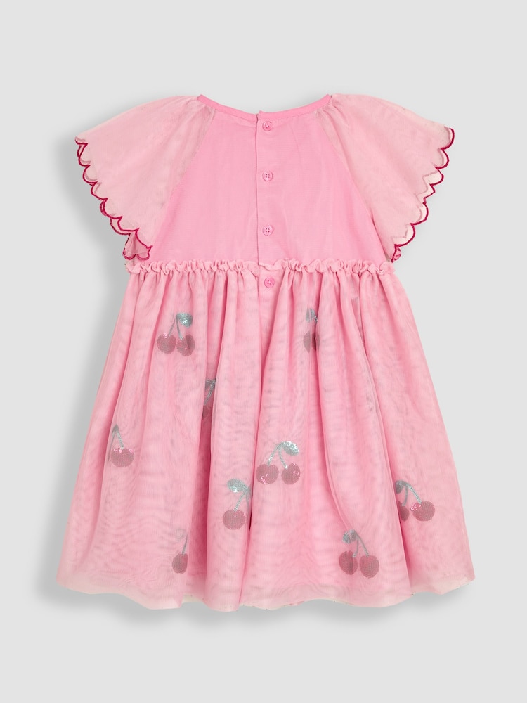 JoJo Maman Bébé Pink Cherry Angel Sleeve Appliqué Tulle Party Dress - Image 2 of 3