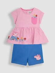 JoJo Maman Bébé Pink Stripe 2-Piece Peppa Pig Appliqué T-Shirt & Shorts Set - Image 1 of 5