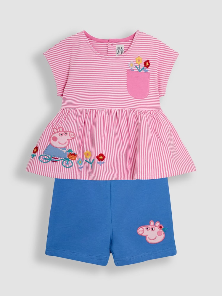 JoJo Maman Bébé Pink Stripe 2-Piece Peppa Pig Appliqué T-Shirt & Shorts Set - Image 1 of 5
