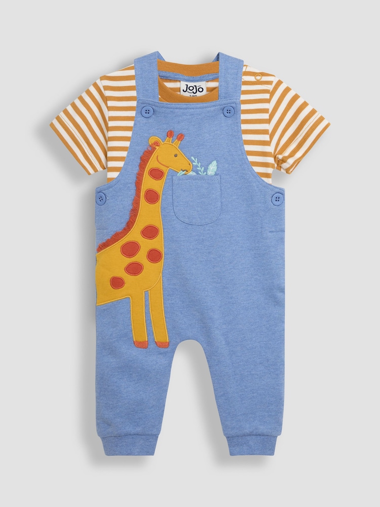 JoJo Maman Bébé Blue Giraffe 2-Piece Appliqué Dungarees & T-Shirt Set - Image 1 of 7
