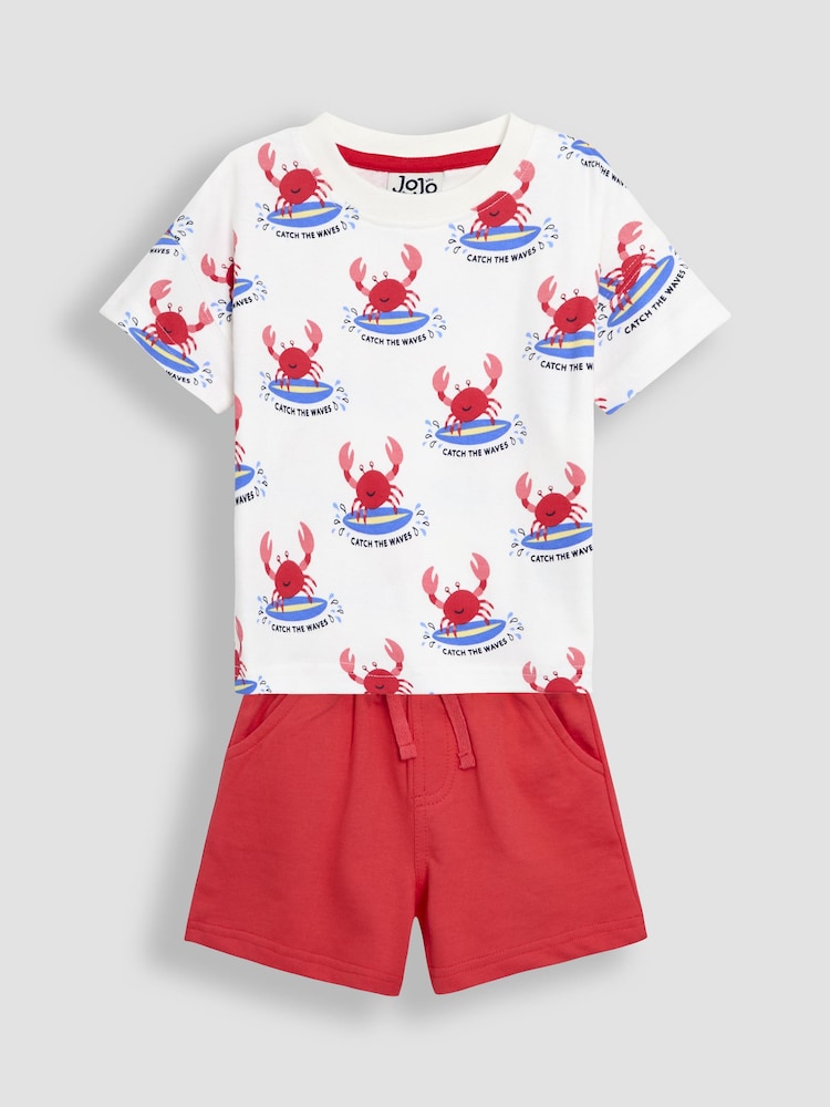 JoJo Maman Bébé Ecru Crab 2-Piece Printed T-Shirt & Short Set - Image 1 of 6