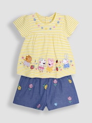 JoJo Maman Bébé 100% Cotton 2-Piece Peppa Pig Embroidered Top & Chambray Shorts Set - Image 1 of 6